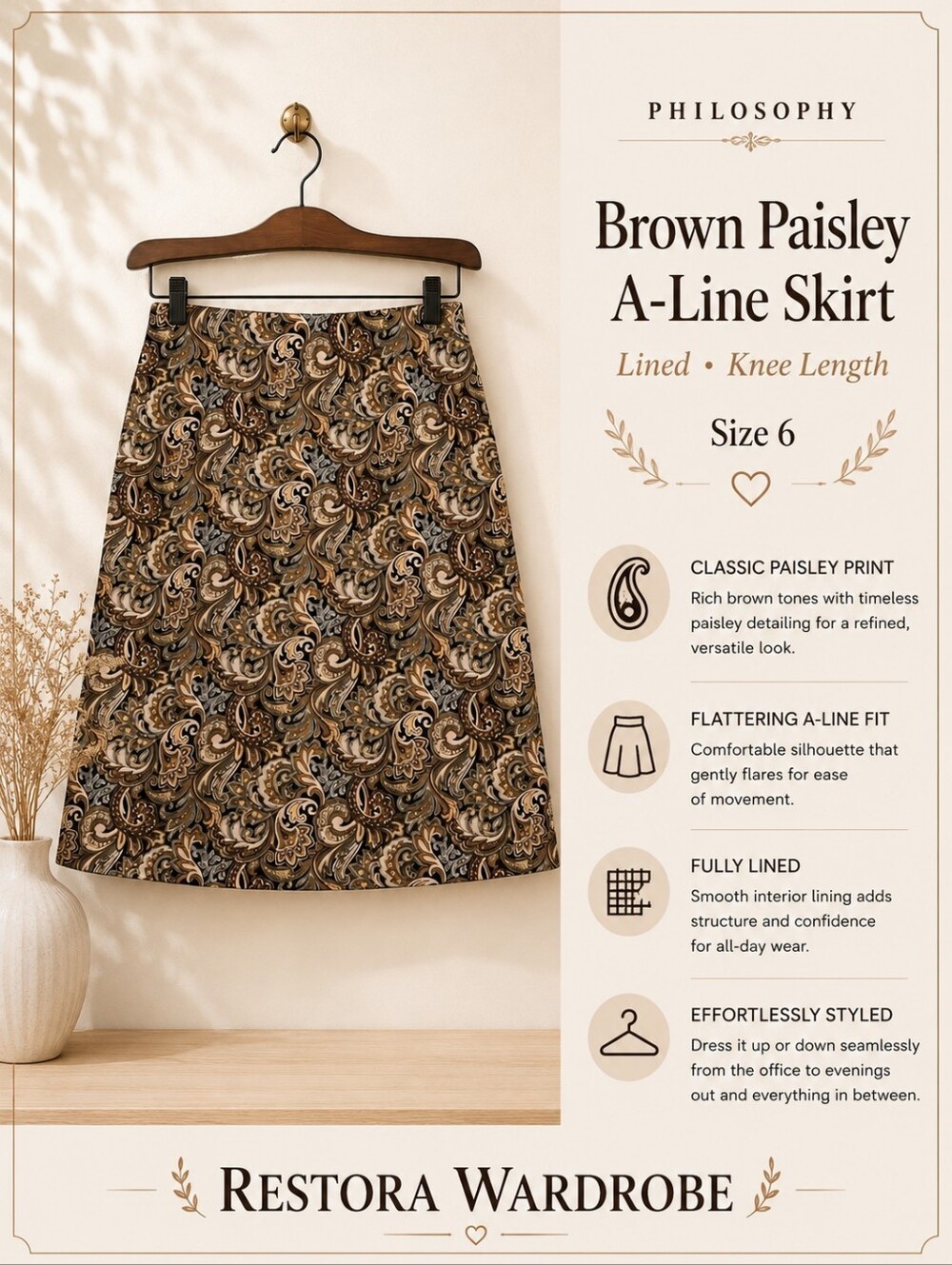 Philosophy Dark Academia Brown Paisley A-Line Skirt Size 6